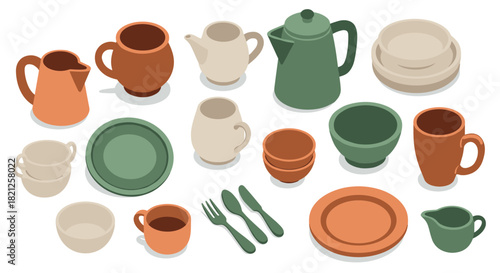 Isometric ceramic tableware collection in earthy tones on white background