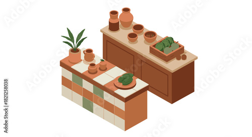 Isometric kitchen counter with clay pots and fresh vegetables
