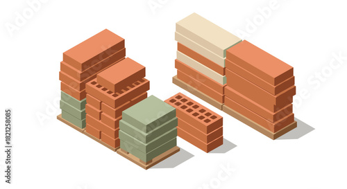 Isometric brick stacks on pallets for construction projects
