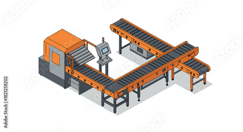Isometric conveyor belt system with industrial machinery and control panel