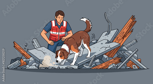 Search and rescue worker in safety vest kneeling beside dog, searching through rubble and debris after disaster, highlighting the importance canine units in emergency response and recovery efforts