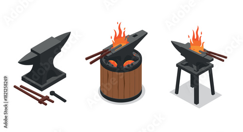 Isometric anvil and forge set with fire and tools for blacksmithing