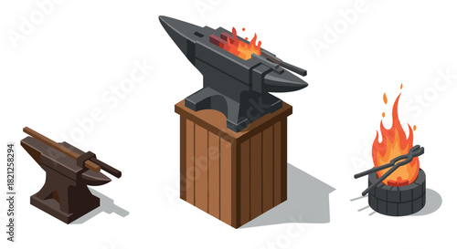 Isometric blacksmith tools on white background with anvil and fire
