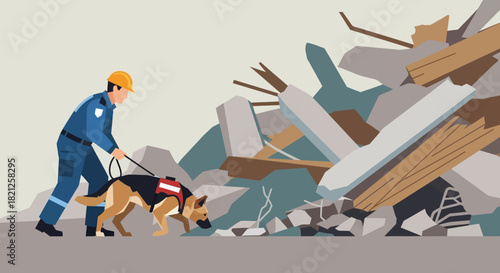 Search and rescue dog and handler working at disaster site with rubble and debris, illustrating emergency response and disaster relief efforts