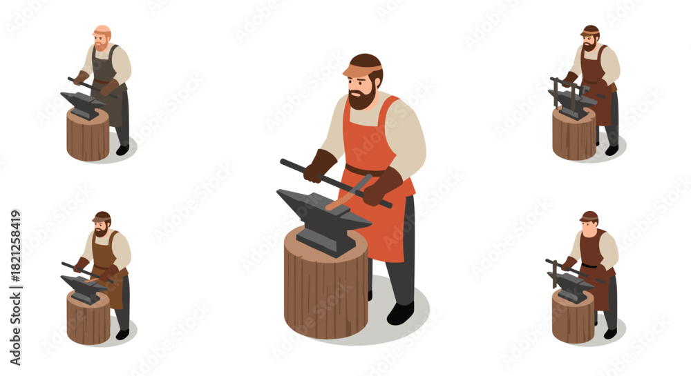 Obraz premium Isometric blacksmith characters working with anvil and hammer on white backgr…