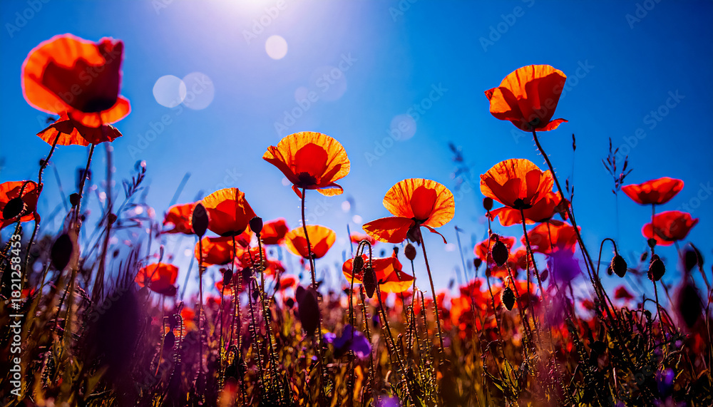 Obraz premium The stems of beautiful poppies blooming in the steppe, when viewed from below, sway in the wind, creating a sense of movement, wallpaper