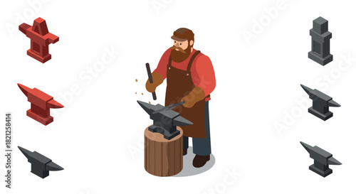 Isometric blacksmith working at anvil with tools and red iron anvils