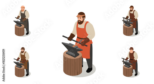 Isometric blacksmith characters working with anvil and hammer on white backgr…