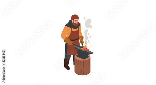 Blacksmith crafting in workshop with tools and anvil in isometric style