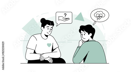 Two people talking, one offering help with question mark symbol in speech bubble, while the other appears worried with stormy cloud thought bubble