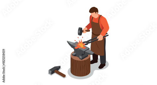 Isometric blacksmith at work: crafting metal on anvil with hammer and tongs