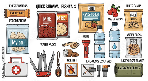 Collection quick survival essentials including energy bar, mre, water packs, first aid kit, multitool, whistle, flashlight, and emergency blanket, arranged on