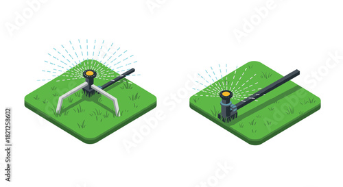 Isometric lawn sprinkler set on grass patches with water spray