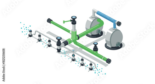 Isometric industrial pipe system with valves and connections for fluid control