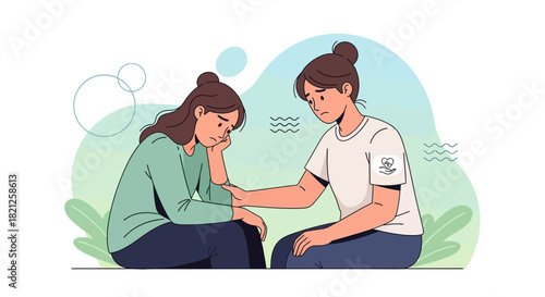 Supportive friend comforting sad and distressed woman, offering solace and emotional support during difficult time, illustrating empathy and care