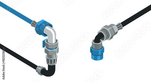 Isometric industrial pipe connections on white background
