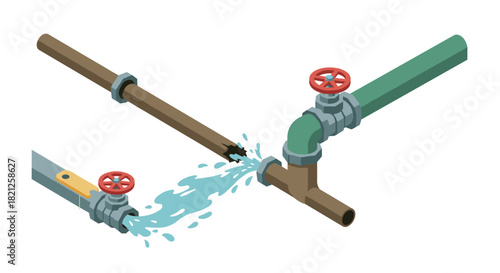 Isometric plumbing pipes with leak and valves in a 3d illustration