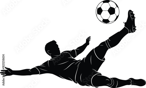 Silhouette of a Soccer Player Performing a Dynamic Bicycle Kick, Action Shot, Football Athlete Striking Ball Mid-Air, Sport Competition, Championship Match, Vector Icon of Athletic Movement
