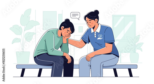 One person sits with their head down, looking distressed, while another person sits beside them and gently places hand on their shoulder in gesture comfort and support