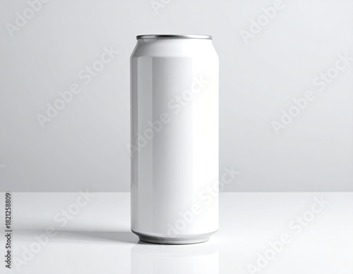 Blank white aluminum can on a light gray surface