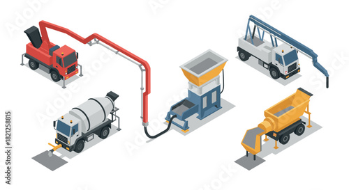 Isometric construction vehicles and machinery collection