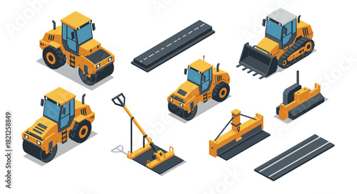 Isometric construction equipment and road elements set for infrastructure pro…