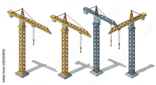 Isometric construction cranes with shadows in different colors