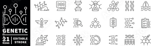Genetic icons set. editable line icons. outline, dna, molecular symbols