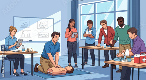 First aid and cpr training class with instructor demonstrating chest compressions on manikin while students observe and practice on tables in modern classroom