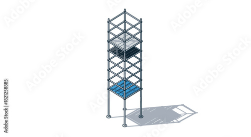 Isometric construction scaffolding with steel platforms and shadows on white…