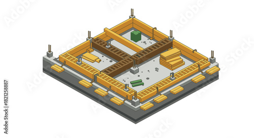Isometric construction site foundation with formwork and building materials
