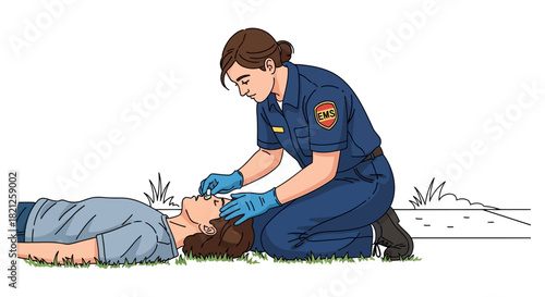 Female paramedic in uniform kneeling on the ground, carefully checking the airway an unconscious person lying down, demonstrating first aid and emergency medical care