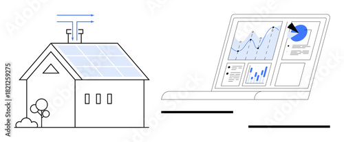 House with solar panels and antennas linked to a laptop showing graphs, charts, and analytics. Ideal for renewable energy, smart technology, sustainability, remote monitoring, green living, IoT