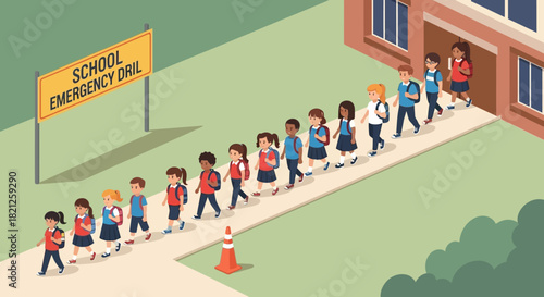 Children lining up outside school building during an emergency drill, practicing evacuation procedures for safety