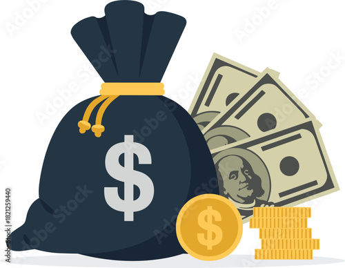 Money Bag With Dollar Bills Coins And Stack Of Gold Coins vector illustration