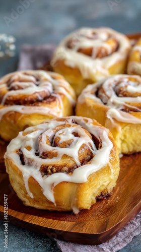 Wallpaper Mural Warm cinnamon rolls topped with creamy icing are arranged on a wooden board, inviting everyone to enjoy this sweet treat with a cup of coffee or tea Torontodigital.ca