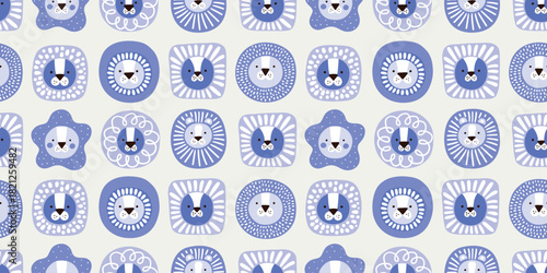 Seamless cartoon lion head or face pattern. Childish animals texture. Vector illustration. Blue color, boy surface pattern. Cute funny doodle jungle animals.