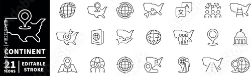 Continent icons set. editable line icons, linear, geographic, map symbols