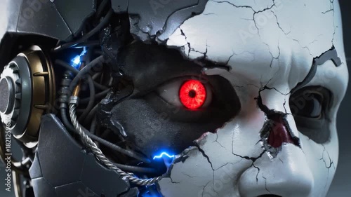 The image depicts a cyborg face with a cracked, porcelain-like exterior. One eye glows red, while sparks of electricity emanate from the internal mechanisms.