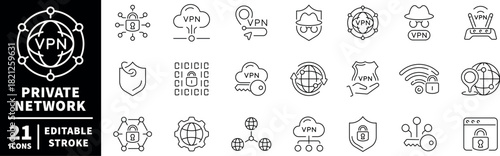Virtual private network icons set. editable line icons, data security, privacy symbols