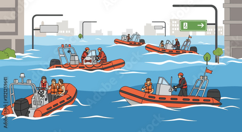 Rescue boats navigating flooded city streets during disaster, with buildings submerged and people being evacuated by emergency services