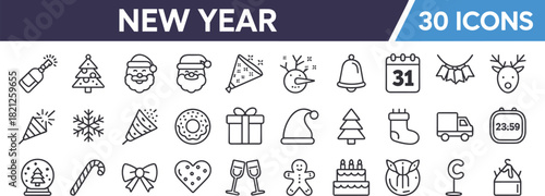 New Year Icons Set with Santa Claus and Champagne Bottle Keywords: new year, holiday