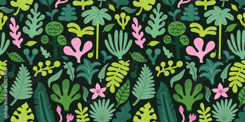 Seamless tropical jungle abstract pattern with palm tree, leaves, flowers. Summer texture. Vector illustration.
Black background.