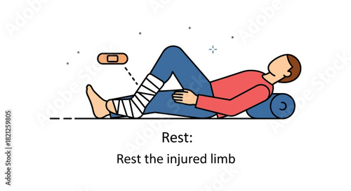 Person resting injured limb with bandage and plaster, emphasizing rest for recovery, isolated on