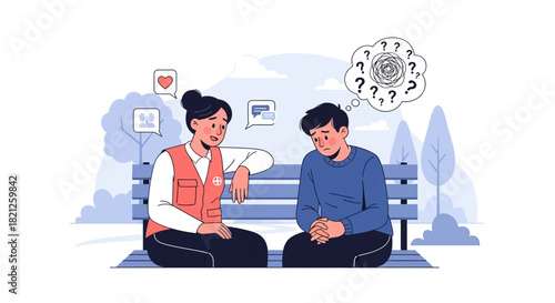 Woman is talking to man who looks sad and confused, with thought bubble question marks above his head, symbolizing mental health support and conversation