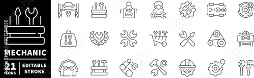 Mechanic icons set. editable line icons, tools, automotive maintenance graphics