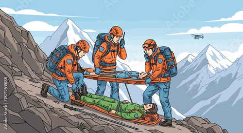 Mountain rescue team in action, carefully carrying an injured person on stretcher down steep, rocky slope with snowcapped peaks and drone in the
