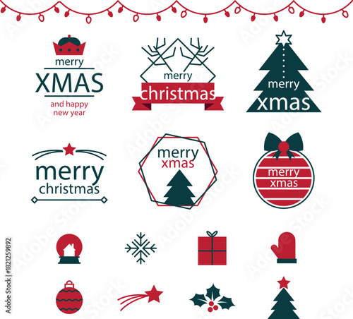 A festive collection of Christmas labels, badges, icons, and holiday-themed illustrations including trees, snowflakes, gifts, hats, and text elements. Designed in a clean, modern style perfect for gre