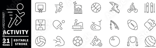 Activity icons set. editable line icons, outline sports and fitness symbols
