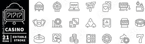 Casino icons set. editable line icons, outline, gambling symbols and gaming graphics